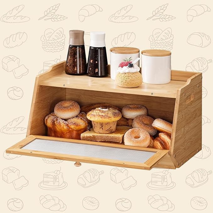 HOOBRO Large Bread Box, Bamboo Bread Box for Kitchen Countertop, Farmhouse Bread Storage Box with Acrylic Window, Bread Holder with Drop-Down Door, for Food Storage, Natural YL30MB01
