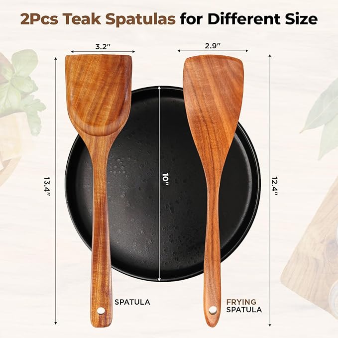 Handcrafted Teak Wood Spatula Set, 2Pcs Wooden Spatulas for Cooking with Long Handles, Perfect for Stir-frying and Flipping Eggs, Kitchen Utensils Set for Cooking Lover