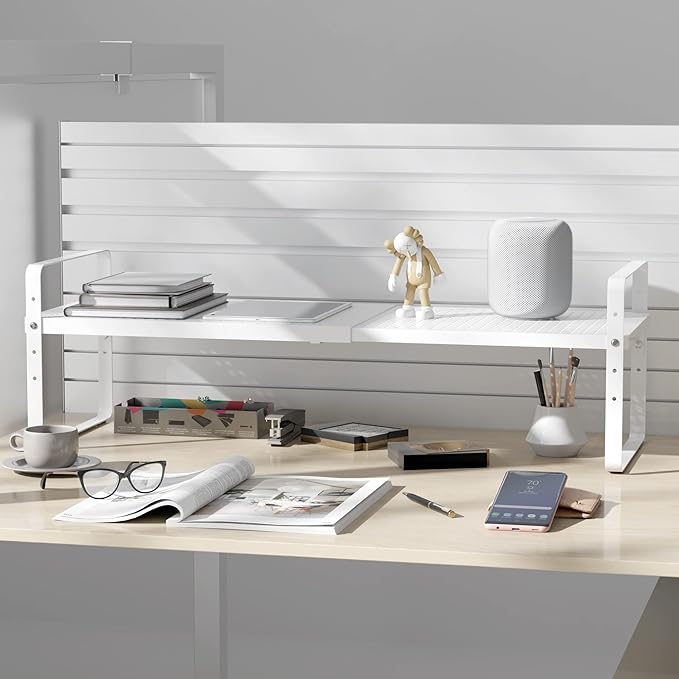 Expandable Cabinet Shelf Organizer Adjustable Metal Spice Rack Stackable Freestanding Counter Storage Shelves for Kitchen Cabinet Under Sink Office Desk (White - 2Pack - L16.5-27'' * W10.2'' * H9.6'')