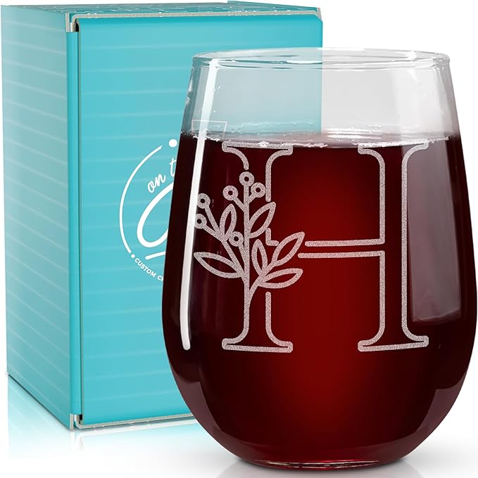 On The Rox Drinks Monogrammed Gifts For Women and Men - Letter A-Z Initial Engraved Monogram Stemless Wine Glass - 17 Oz Personalized Wine Gifts For Women and Men (H)