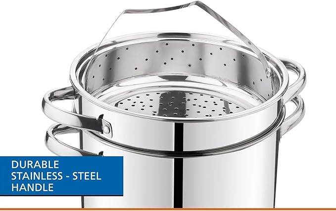 8 Qt 4-Piece Stainless Steel Multipot Set - Stock Pot with Steamer Basket, Colander & Heat-Resistant Glass Lid | Stay-Cool Handles, Durable Cookware for Large Gatherings & Daily Cooking