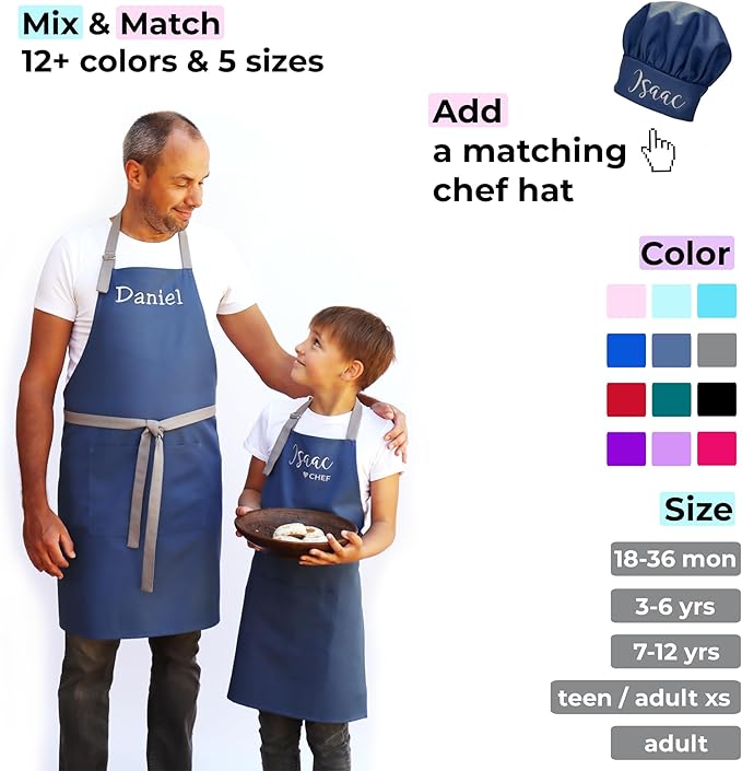 Kids Apron - Embroidered Personalized Cooking Custom Apron with Name, Adjustable, Cotton, with Pockets, for cooking