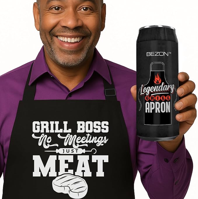 BEZON Funny Grill Apron for Men – Beer Can Gift Packaging – Hilarious BBQ Gift for Dad, Husband, or Friend – Heavy-Duty Water-Resistant Canvas – Grill Boss: No Meetings, Just Meat