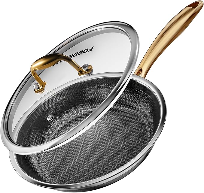 Fogdream 12”Stainless Steel Pan, Non Stick Frying Skillet with Lid, Tri-Ply Stainless Steel for All Cooktops, Dishwasher and Oven-Safe Cooking Pan, Stay-Cool Handle, Gold