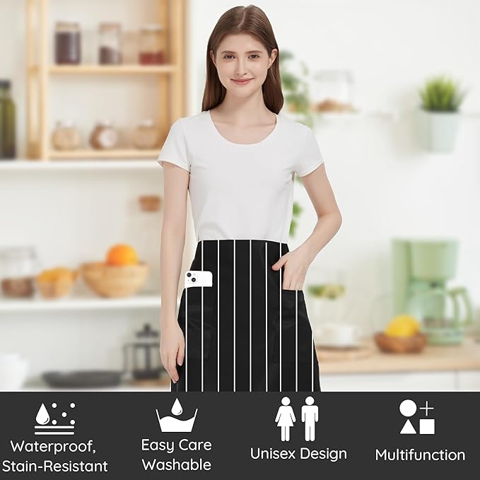 3 Pack Waist Apron with 3 Pockets, Unisex Black Waiter Aprons, Water Resistant Server Aprons for Restaurant Chef Bar