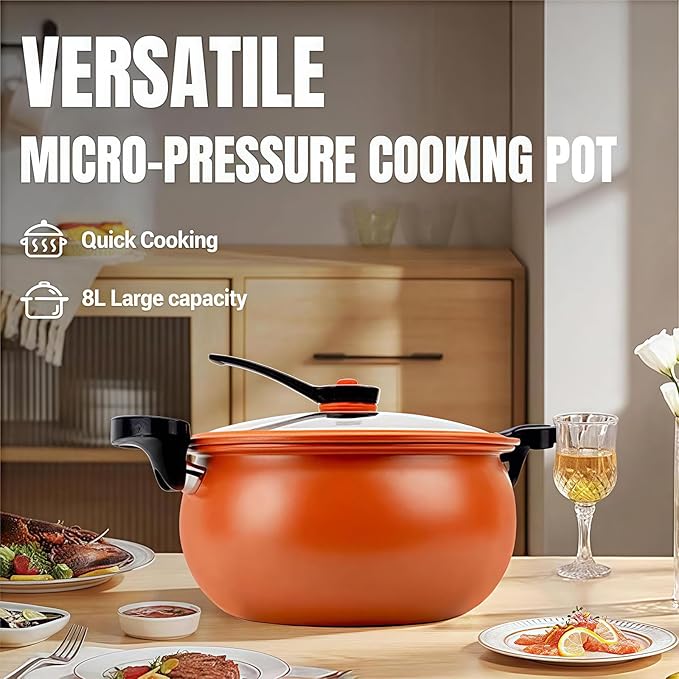 Multifunctional Large Capacity Non-stick Pressure Cooker, 8QT Micro Pressure Cooker, Family-Size Fast Cooking Pot with Anti-Scalding Handle & Visual Glass Lid for Family Meals, Soups, Stews (Orange)