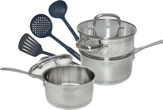 Stainless Steel Saucepans Nylon Tools 8 pcs set Glass Lid Induction Impact Bonded Right Angles