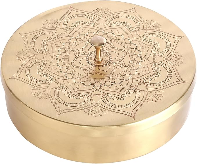 Brass Round Spice Box Masala Dabba-Spice Box Set With Spoon Container 90 ML Indian Masaladanni for Kitchen Counter With Spoon (Floral, 9 Inch (Large Family))