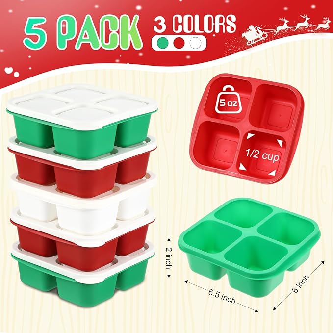 Honeydak 5 Pack Snack Containers 4 Compartment Bento Snack Boxes Reusable Lunchable Containers with Lids Divided Meal Prep Lunch Food Storage Box for School Work Travel(Christmas,Equal)