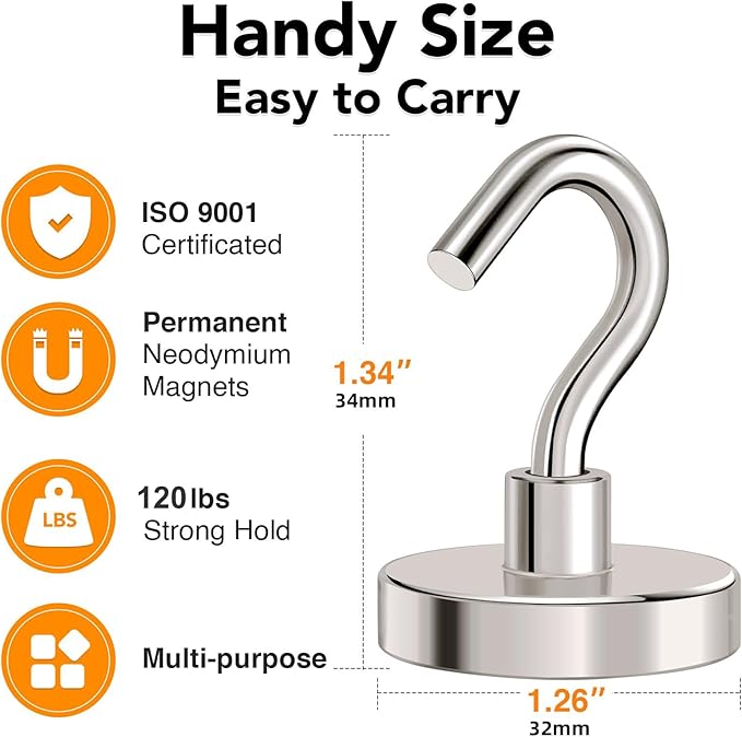 MIKEDE Magnetic Hooks Heavy Duty,120LB+ Strong Magnet with Hook, Super Neodymium Cruise Hooks, Locker Organizer Industrial Hooks for Hanging, Magnetic Hanger for Cruise, Grill - 8 Pack