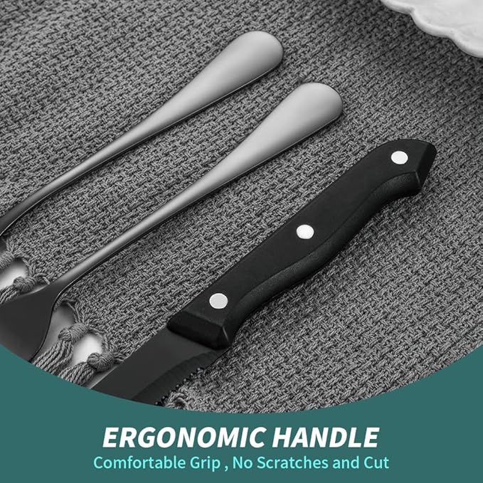 Black Cutlery Set for 4 Silverware Stainless Steel Flatware 24 Piece Fork Spoon Knives Perferct for Parties Restaurant Everyday Kitchen Utensils Mirror Polished