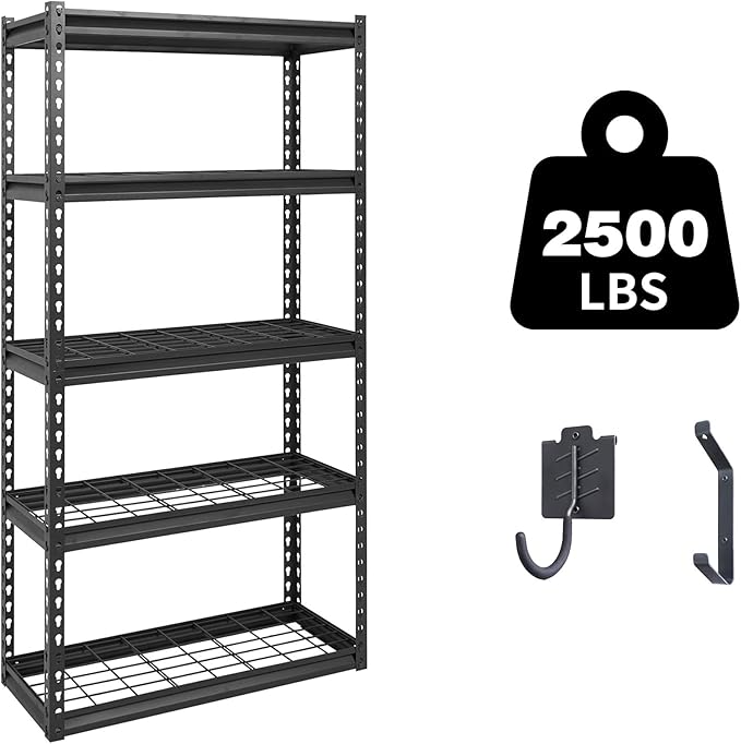 The Atlas 30" W x 12" D x 60" H Adjustable Garage Storage Shelves Load 2500 lbs, 5 Tier Heavy Duty Shelving Unit, Metal Utility Storage Rack for Warehouse Pantry Basement Kitchen, Black