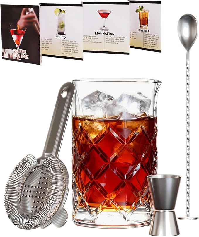 Professional 24 Oz Cocktail Mixing Glass Set - Thick Bottom Crystal Clear Bar Tools with Strainer, Jigger (15/30ml), Spoon & Recipe Guide