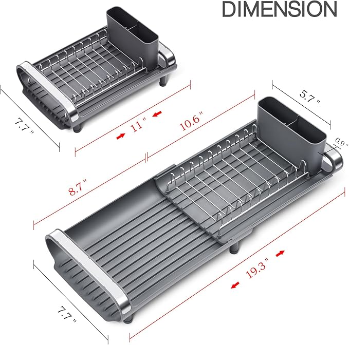 TOOLF Small Dish Drying Rack, Mini Expandable Compact Dish Rack, Slim Extendable Stainless Steel Dish Drainer for Kitchen Plate Storage, Space Saving Dish Strainer in Sink or on Home Countertop, Gray