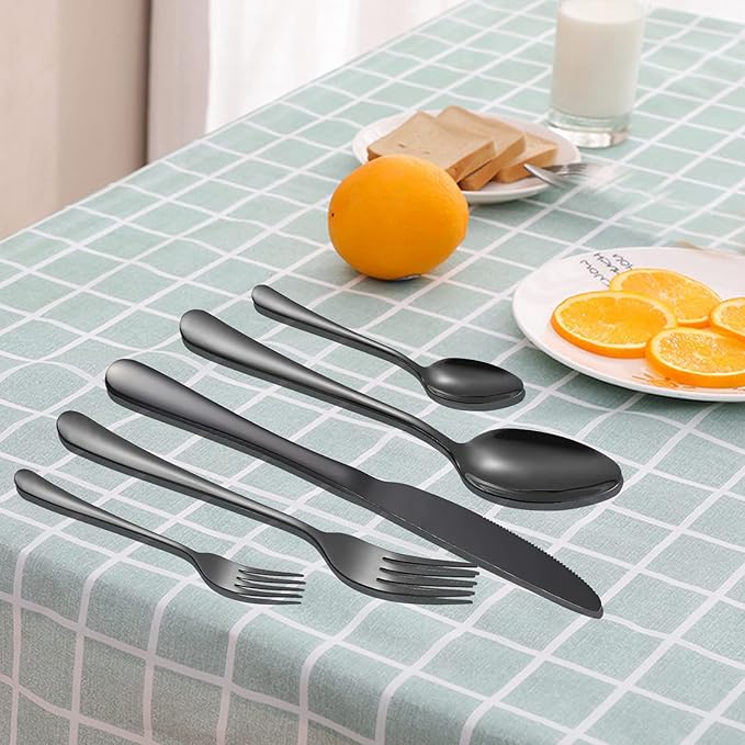 Black Silverware Set for 12 Stainless Steel Flatware 60 Piece Cutlery Spoon Fork Knife Kitchen Eaing Utensils Wide Round Handle Restaurant Festival Parties Easy to Clean