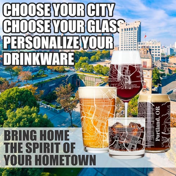 Blue Ridge Mountain Gifts - Portland Souvenir - Oregon Glassware Gift, Etched City Map, Laser Engraved and Dishwasher Safe