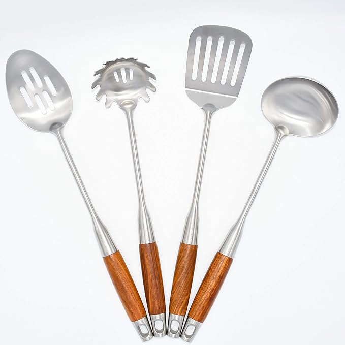 Cooking Utensil Set - 304 Stainless Steel Kitchen Utensils Sets with Wood Handle Cookware Set Utensils kitchen tool set Dishwasher Safe- Slotted Spatula, Pasta, Spoon, Soup Ladle Set 4pc