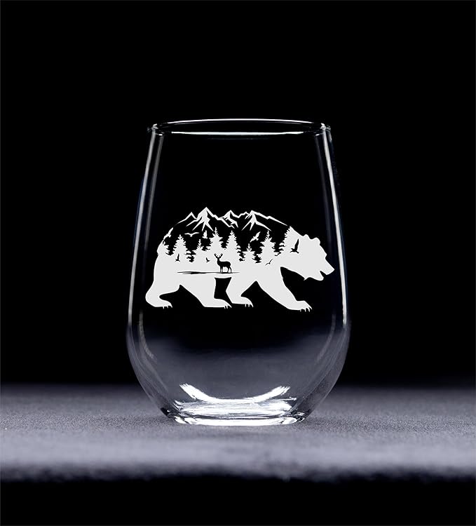 C M Bear Stemless Wine Glass - 17 oz - 1 Piece - Bear Mountain Themed Gift for Men and Women (Style B2)