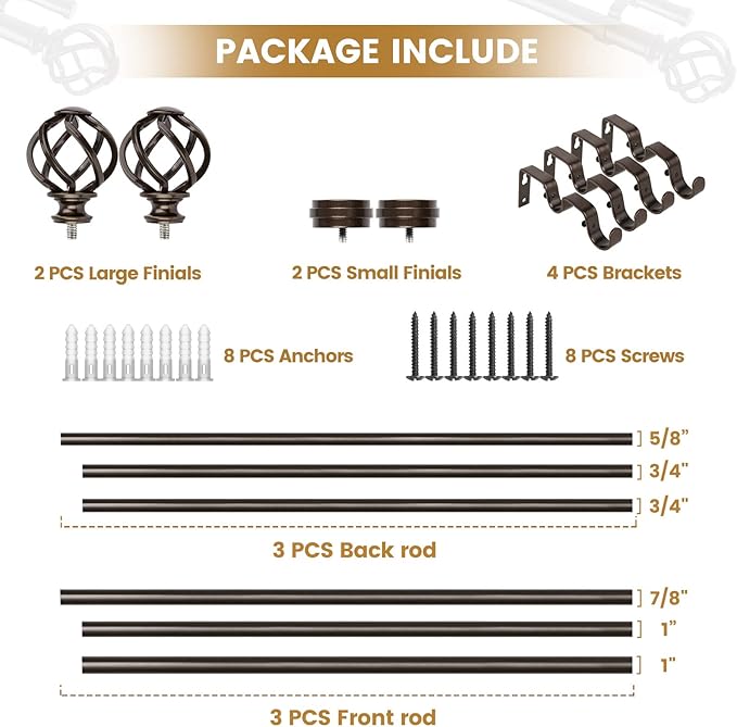 KAMANINA 1 Inch Double Curtain Rod 72 to 144 Inches (6-12 Feet), Antique Bronze Curtain Rods for Windows 66 to 120, Heavy Duty Telescoping Drapery Rods with Twisted Cage Finials