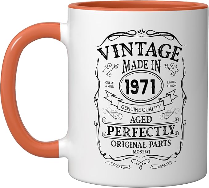 54th birthday, retro Vintage Design, man, woman 1971 Ceramic Mug, Orange/White