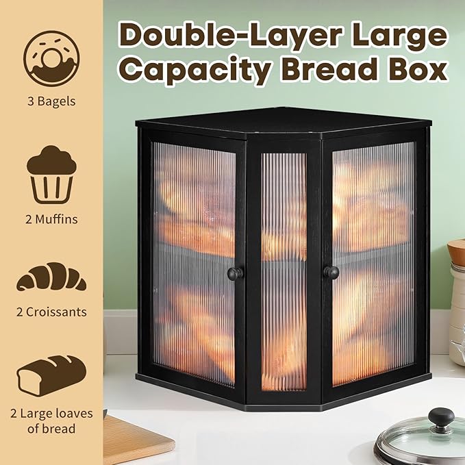 Corner Bread Box for Kitchen Countertop - Bamboo Large Capacity Bread Storage Bin with Acrylic Wavy Door Panel,Dual Door Bread Organizers Under Cabinet Mount Shelf (Black)