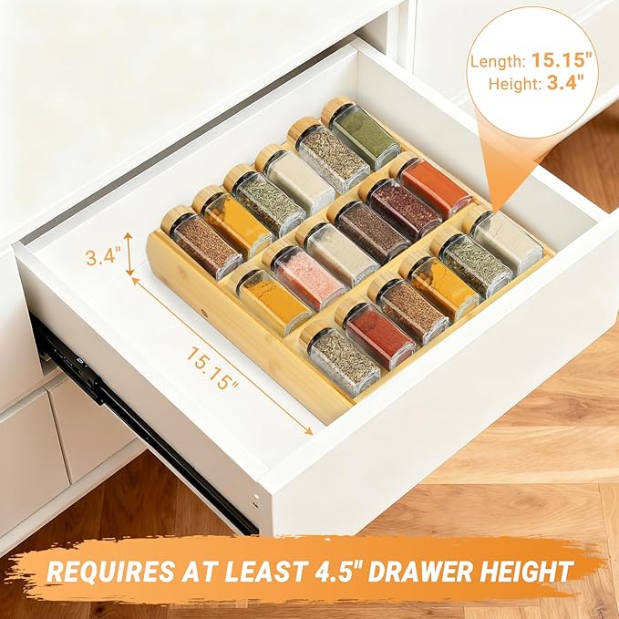 Bamboo Spice Rack Organizer, 3 Tier Folding Spice Shelf for Cabinet, Drawer or Countertop