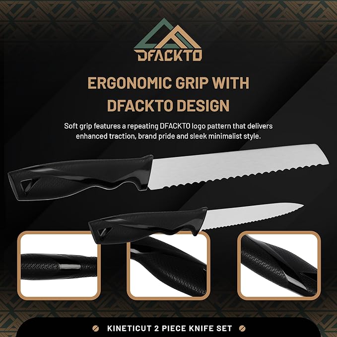 DFACKTO 2-Piece Serrated Knife Set – Stainless Steel Kitchen Cooking Knives w/Protective Covers, Dishwasher Safe, No Block, Sharp Cutlery for Slicing Bread, Cooking Fruit & Steak w/Sheath - Black