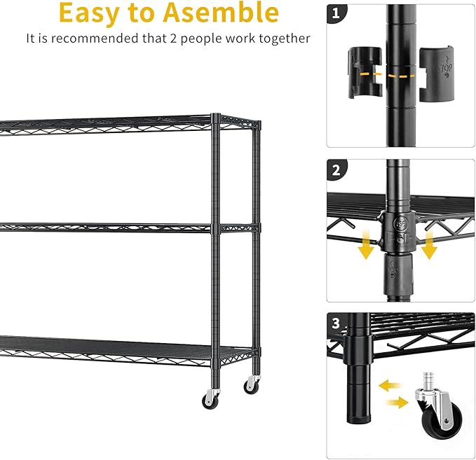Karl home 3-Tier Adjustable Metal Storage Shelves, Wire Shelving Unit with Wheels & Leveling Feet, Heavy Duty Garage Shelving, Pantry & Kitchen Display Shelf Organizer, Home Storage Rack