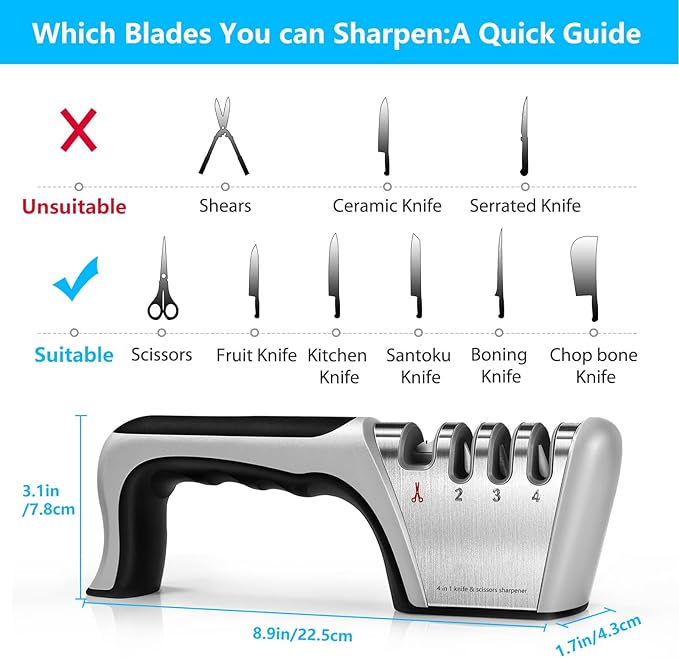 4-in-1 knife sharpener [4 stages], original quality polishing blade, the best kitchen tool for paring knives, steel knives and scissors - including a pair of anti-cutting gloves