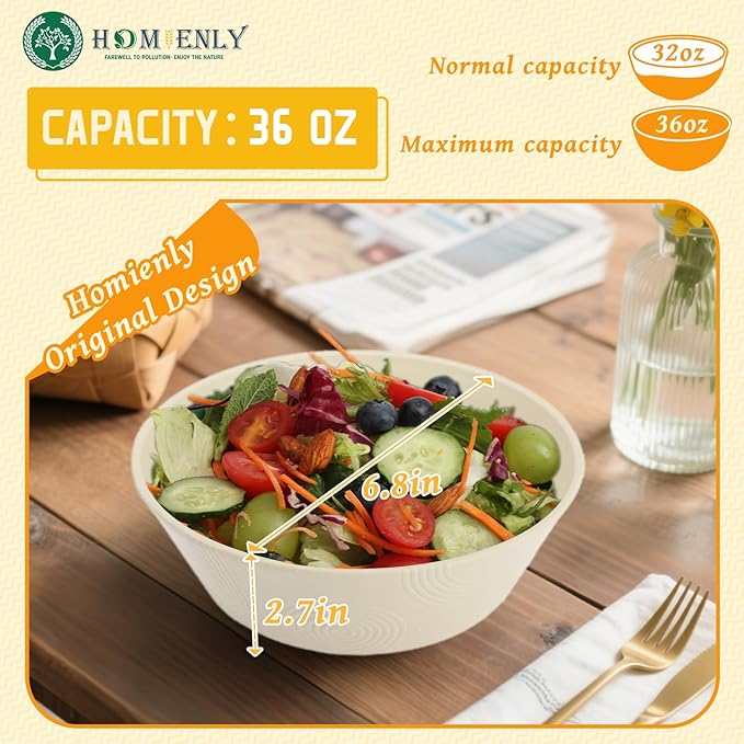 Homienly Large Deep Bowls 36 OZ, Wheat Straw Soup Bowls Set of 6, Plastic Bowls Microwave Safe, Unbreakable Bowl for Cereal, Soup, Salad, Popcorn, Idea for Party, Camping, Picnic, RV (Beige)
