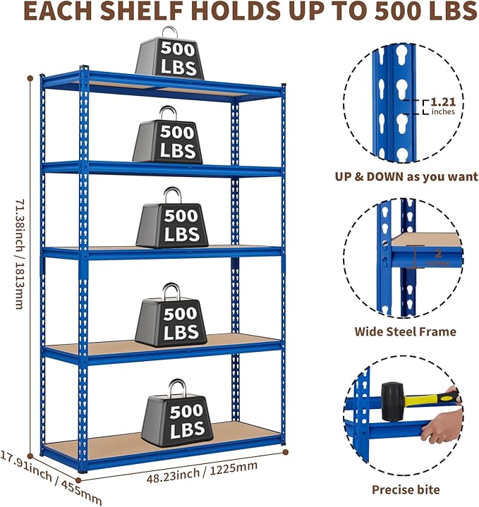 GarveeHome 5 Tier Garage Storage Shelves, 2500LBS Capacity Metal Shelving Unit for Garage, Industrial, Warehouse, Kitchen, Closet, 48" W x 18" D x 71" H, Blue