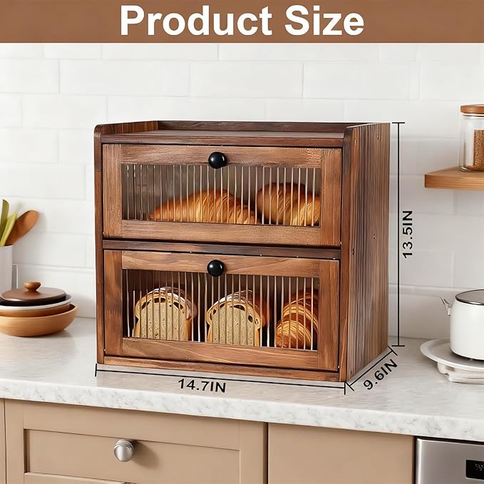 Wooden Bread Box for Kitchen Countertop Large Capacity Corner Bread Box Bread Storage Container with Clear Acrylic Window