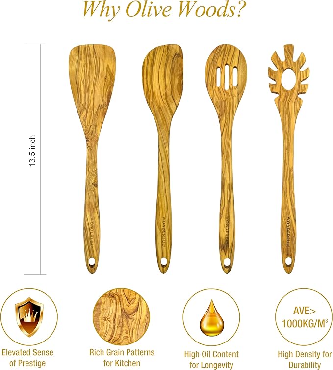 WONDERFUL 4 Pcs Olive Wooden Spoons for Cooking - 13.5 Inch Long, Set with Spatula, Corner Spoon, Slotted Spoon, Spaghetti and Pasta Server with Measurer…