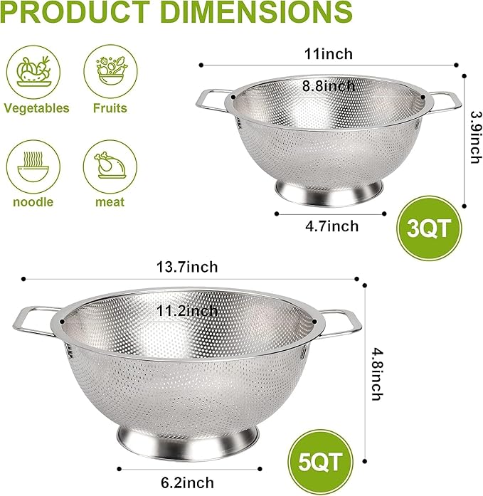 Stainless Steel Colander and Strainer Set(5-Quart and 3-Quart)， Strainer for Kitchen Food, Dishwasher Safe