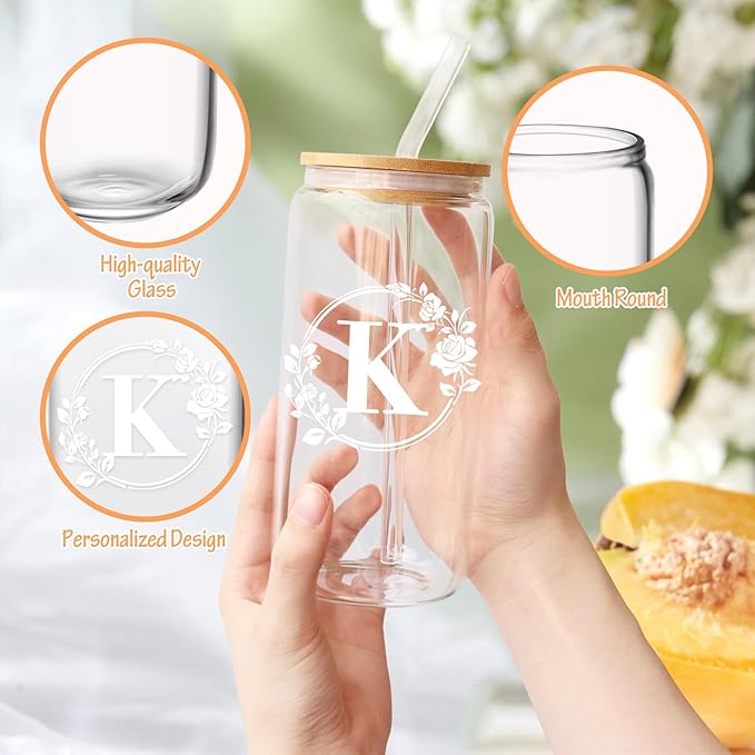 Birthday Gifts for Women, Monogrammed Initial Glass Cup Personalized Gifts for Women, 16oz Glass Cups with Lids and Straws, Iced Coffee Cup, Beer Can Shaped - Gift for Christmas, Birthday, K