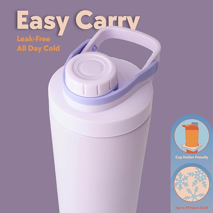 Paradise Shaker Bottle 24 oz, Insulated Stainless Steel Protein Shaker, Dishwasher Safe, with Lid Brush & Protective Boot, Leakproof Twist-Off Chug Cap, Lavender Coast
