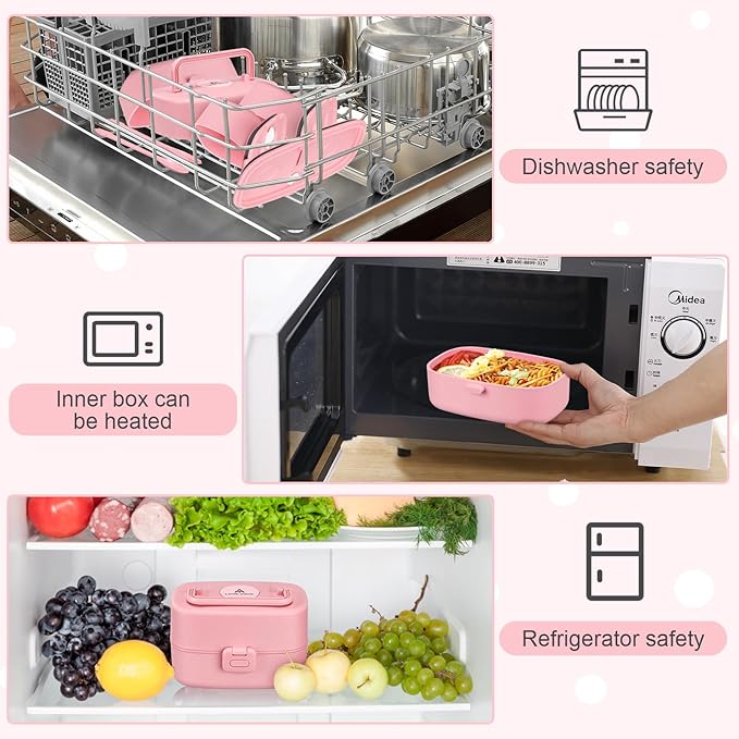 Bento Lunch Box for Kids with 8oz Soup Thermo,2 Leak-Proof Food Containers, a Lunch Bag, Kids Thermo Insulated Hot Food Jar for School, Travel-Pink
