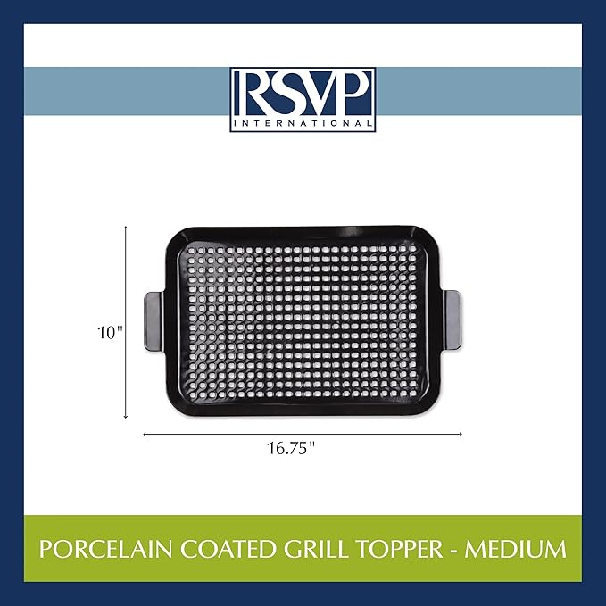 RSVP International Porcelain Coated Steel BBQ Grill Tray/Pan, Outdoor Barbeque Grilling Accessories for Cooking Fish & Vegetables, Dishwasher Safe, Medium, 16.75x10