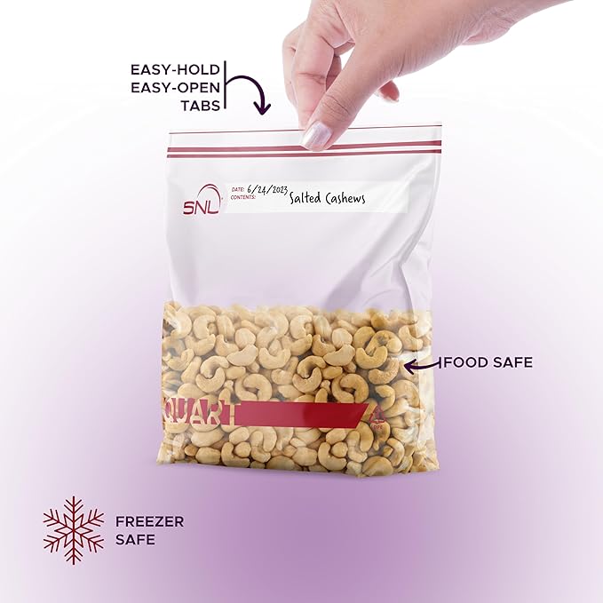 Quart Food Bags by SNL -100 Bags- Leak-Proof, Clear, Write-On Block, Reclosable, Disposable Storage Bags, Double Seal Zippers with Clicking Noise Zip Confirmation, Stand-Alone Gusset, Easy Dispensing