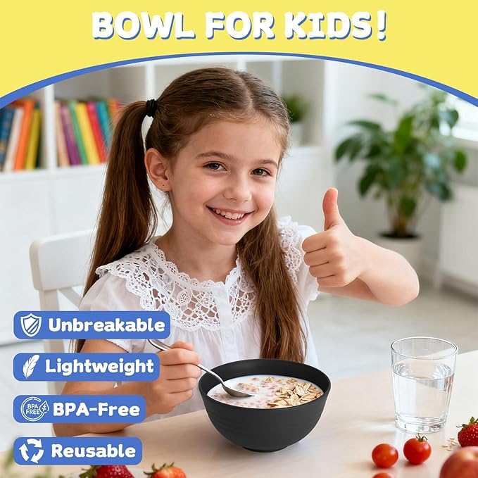 Wheat Straw Bowls Set of 6, Unbreakable Lightweight 26 OZ Cereal Bowls for Kitchen, Reusable Salad Bowl, Microwave & Dishwasher Safe Bowl Set, Black