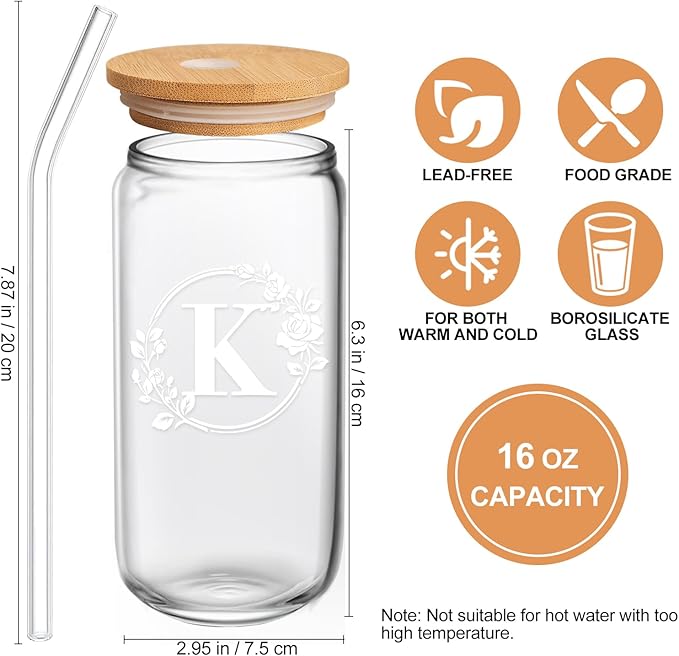 Birthday Gifts for Women, Monogrammed Initial Glass Cup Personalized Gifts for Women, 16oz Glass Cups with Lids and Straws, Iced Coffee Cup, Beer Can Shaped - Gift for Christmas, Birthday, K