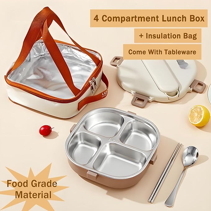 Stainless Steel Bento Box, 800ml Leakproof Lunch Box, Easy To Open And Close, Food Storage Container For Outings, Picnics, And Travels (4 Compartments, + Insulation Bag)