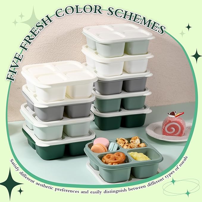 Honeydak 10 Pack Snack Container 4 Compartment Reusable Bento Snack Boxes Divided Lunchable Containers with Lids Meal Prep Lunch Food Storage Boxes for School Work Travel(Sage Color)