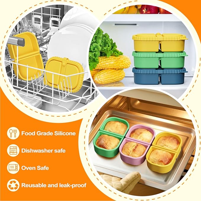 4 Pack Silicone Reusable Snack Containers with Lids, 8.5oz 2 Compartment Snackle Box Leakproof Bento Box Food Storage Container for Lunch, Picnic, School, Office