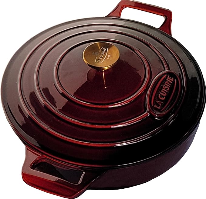 La Cuisine Cast Iron Braiser Shallow Dutch Oven Braising Saute Pan 3.75 QT 11" Dia. Internal Matte Black Enamel Coating, Oven Safe up to 500° F Cranberry