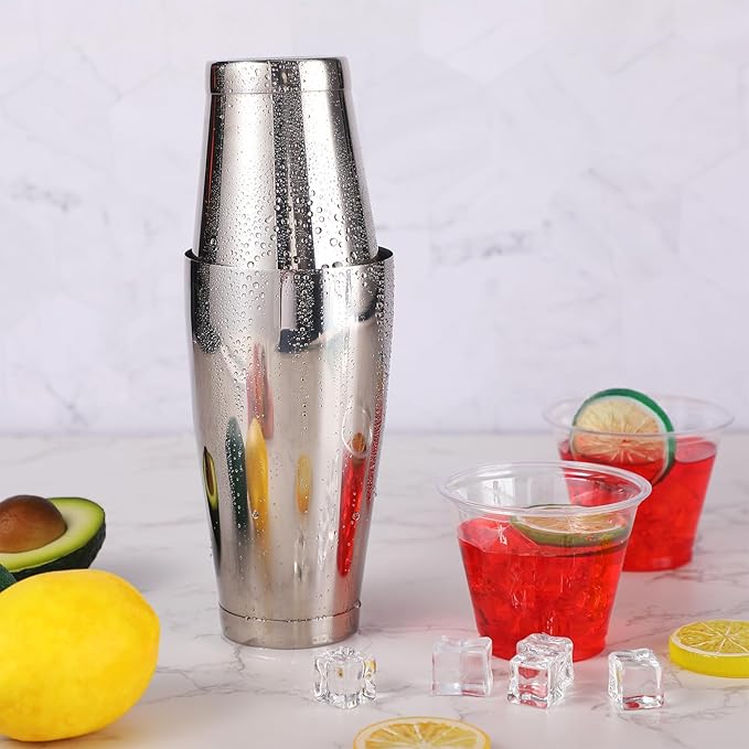 Zhehao 24 Pcs Silver Cocktail Shaker Professional Bar Boston Shaker Set Stainless Steel Martini Shake Drink Mixer Basic Tool Weighted Shake Metal Can Bartending Tins for Beginner, 18oz, 28oz
