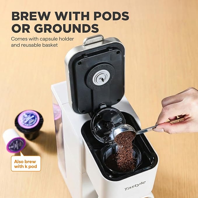 Single Serve Coffee Maker, Iced and Hot Coffee Machine for K Cup & Grounds, Compact Design, 40oz Removable Water Reservoir, 6 to 24 Oz Brew Sizes, Fits 7.3" Travel Mug, White