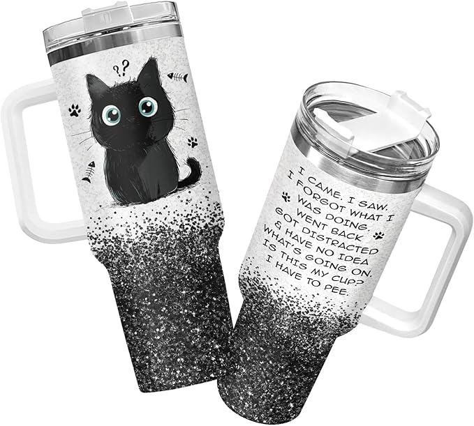 34HD Funny Black Cat Tumbler with Handle and Straw, 40oz Cute Furry Friend Travel Mug Stainless Steel, I Came I Saw Cup, Birthday Gifts for Cat Lovers Women Men