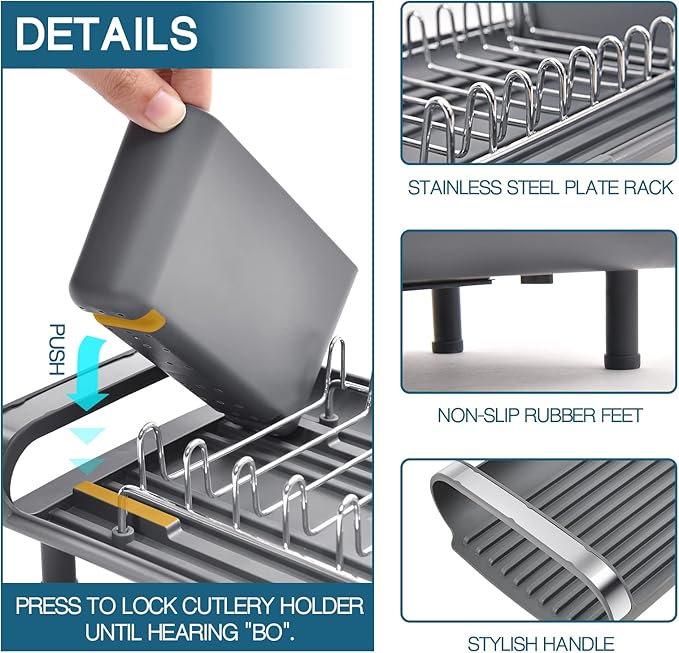 TOOLF Small Dish Drying Rack, Mini Expandable Compact Dish Rack, Slim Extendable Stainless Steel Dish Drainer for Kitchen Plate Storage, Space Saving Dish Strainer in Sink or on Home Countertop, Gray