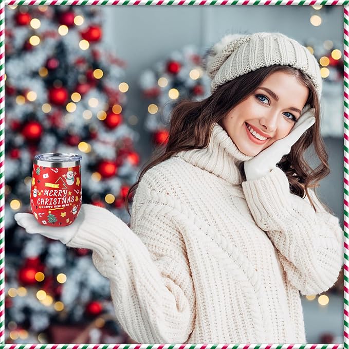 12oz Christmas Wine Tumbler with Lid and Straw,Stainless Steel Insulated Stemless Wine Tumbler Double Wall Vacuum Wine Cups Tumbler Christmas Gifts for Women Men(Xmas Elements,2)